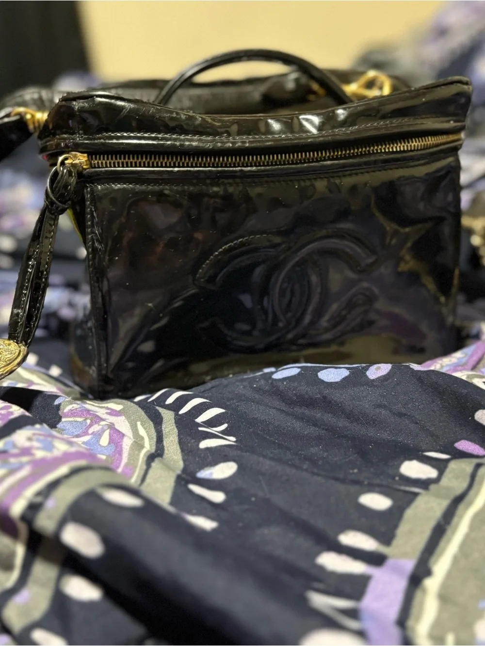 Authentic CHANEL Black Patent Leather Vanity Case with Interlocking CC